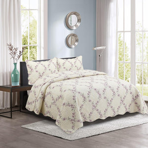Decorkart Rich Printed Embossed Pinsonic Coverlet Bedspread Ultra Soft Home Bedding 2 Piece Summer Quilt Set with 1 Embossed Sham, Purple Orchid Cream Pattern