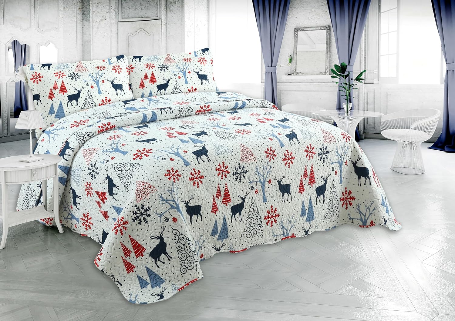 Decorkart Rich Printed Embossed Pinsonic Coverlet Bedspread Ultra Soft 3 Piece Summer Christmas Quilt Set with 2 Quilted Shams, Xmas Reindeer and Tree Pattern
