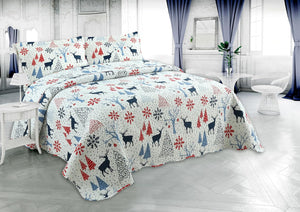 Decorkart Rich Printed Embossed Pinsonic Coverlet Bedspread Ultra Soft 3 Piece Summer Christmas Quilt Set with 2 Quilted Shams, Xmas Reindeer and Tree Pattern