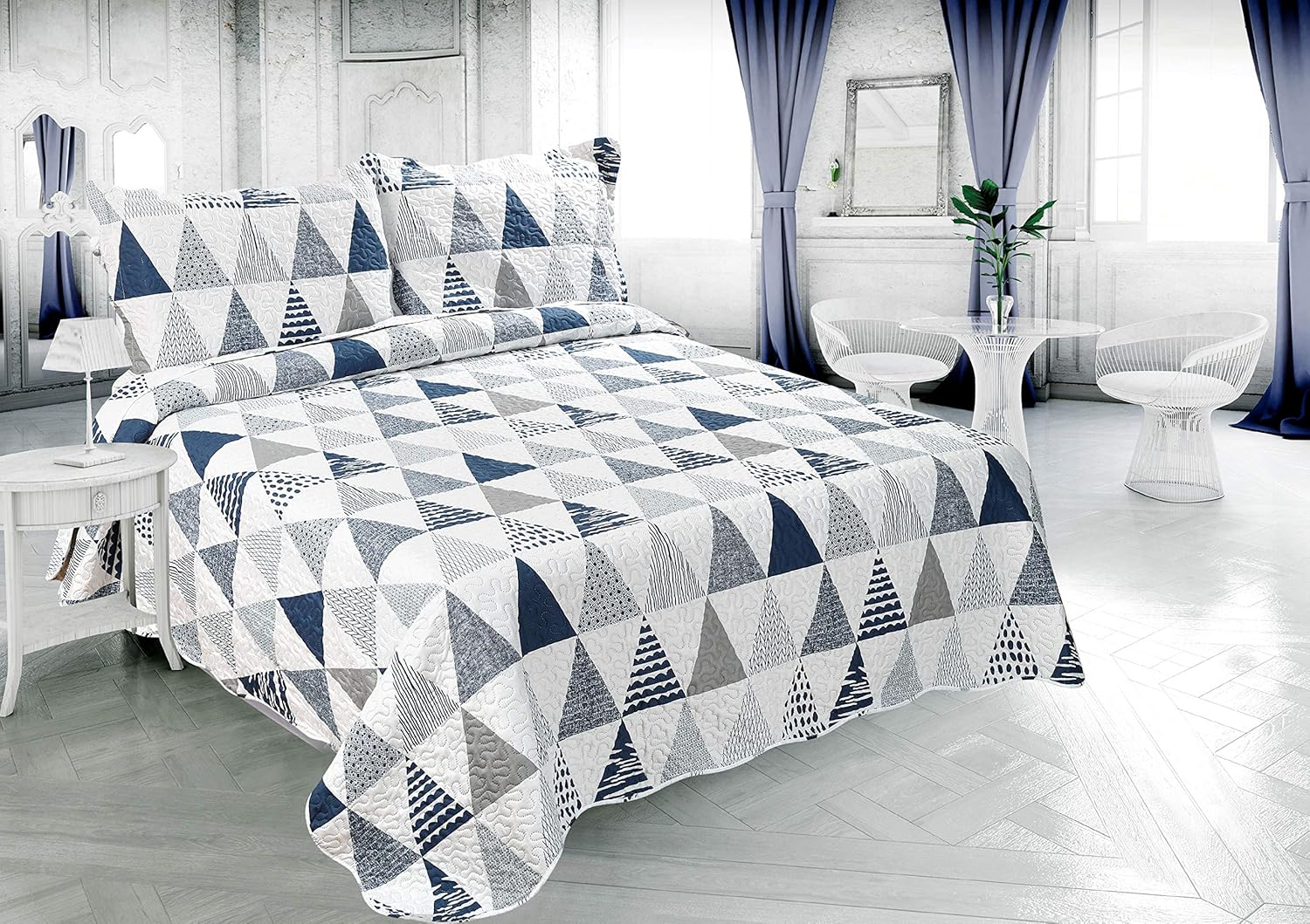 Decorkart Rich Printed Embossed Pinsonic Coverlet Bedspread Ultra Soft 3 Piece Summer Quilt Set with 2 Quilted Shams, Modern Geometric Triangle Pattern