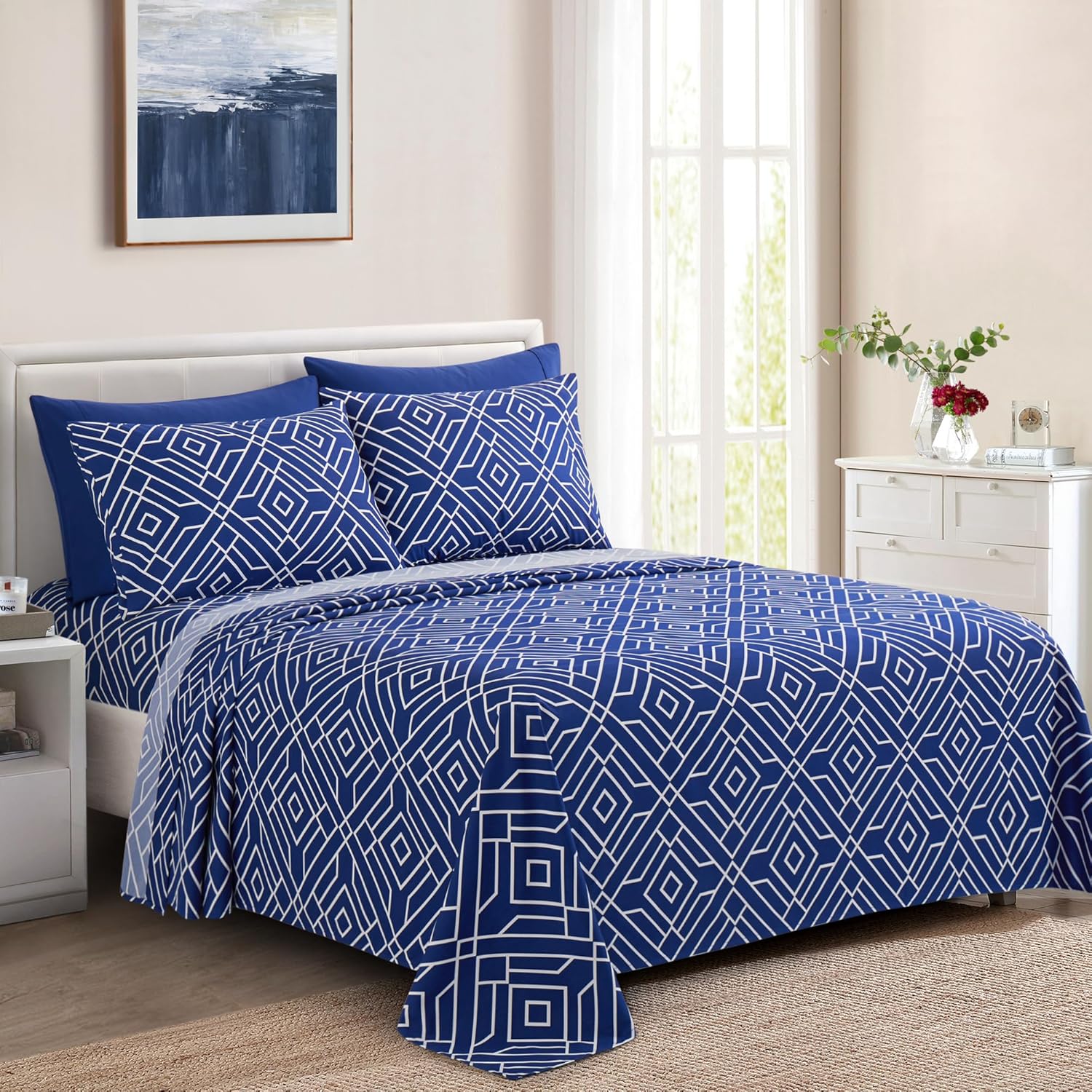 Decorkart Ultra Soft Silky Deep Pocket Rich Printed Bedding Rayon from Bamboo All Season 6 Pieces Sheet Set with 4 Pillowcases, Blue Geometric Pattern