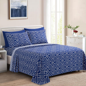 Decorkart Ultra Soft Silky Deep Pocket Rich Printed Bedding Rayon from Bamboo All Season 6 Pieces Sheet Set with 4 Pillowcases, Blue Geometric Pattern
