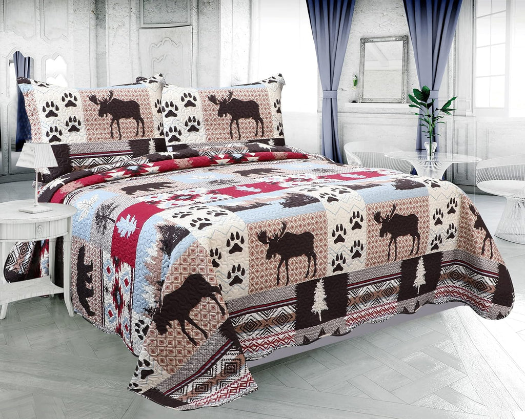 Decorkart Rich Printed Embossed Pinsonic Coverlet Bedspread Ultra Soft 3 Piece Summer Quilt Set with 2 Quilted Shams, Cabin Moose Bear Pattern