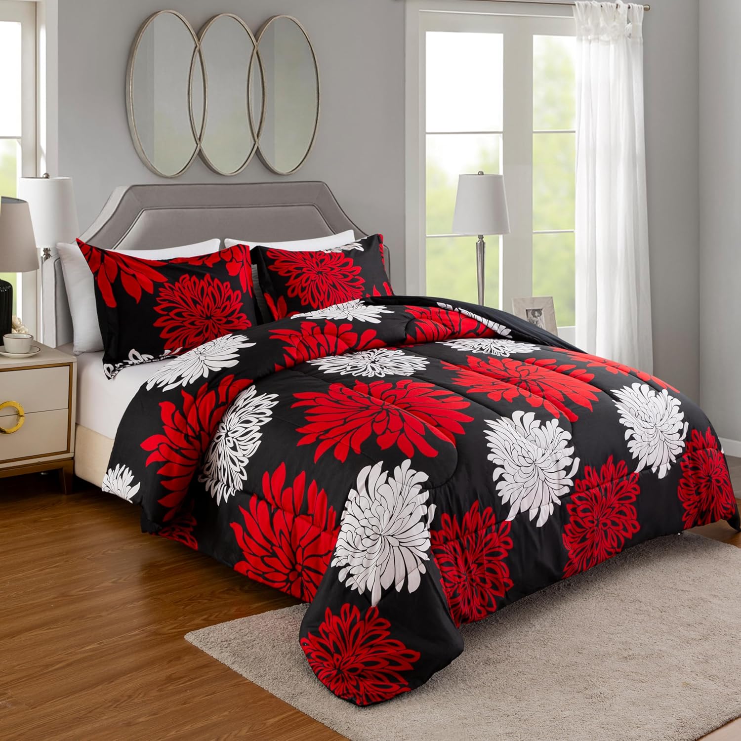 Decorkart Home Decor Ultra Soft Luxury Fluffy Goose Down Alternative Bedding Printed 3 Piece Comforter Set, Modern Red White Floral Black Base Pattern
