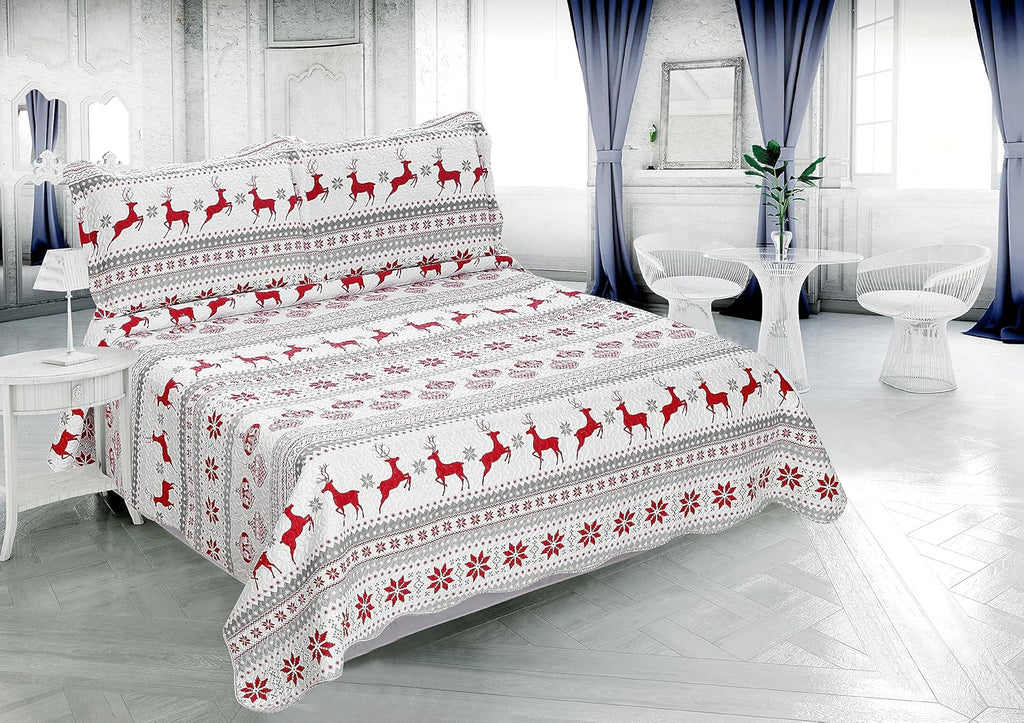 Decorkart Rich Printed Embossed Pinsonic Coverlet Bedspread Ultra Soft 3 Piece Summer Christmas Quilt Set with 2 Quilted Shams, Xmas Deer Pattern