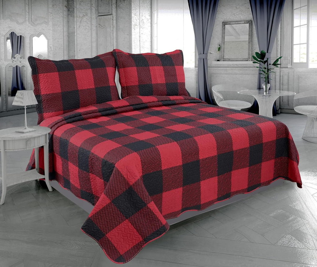 Decorkart Rich Printed Embossed Pinsonic Coverlet Bedspread Ultra Soft 3 Piece Summer Quilt Set with 2 Quilted Shams, Red Black Plaid Pattern