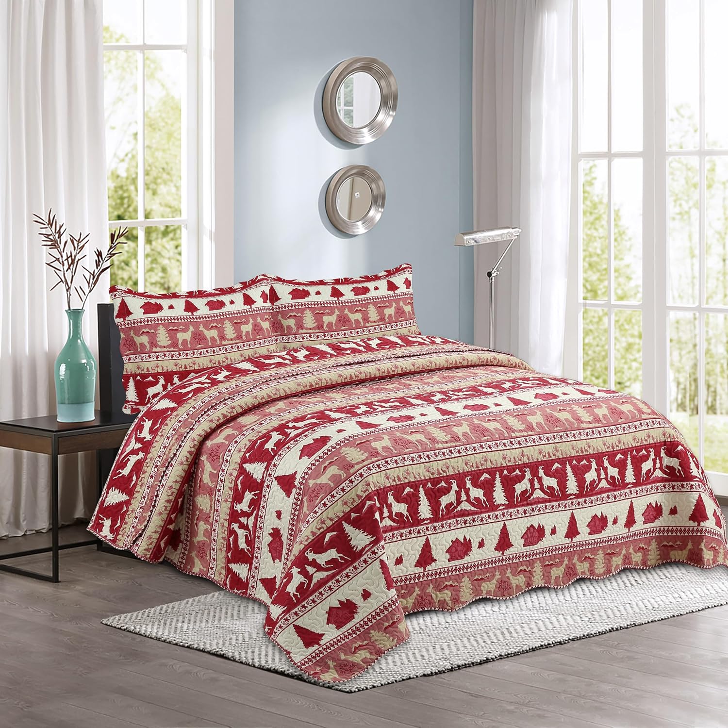 Decorkart Rich Printed Embossed Pinsonic Coverlet Bedspread Ultra Soft Home Bedding 3 Piece Summer Christmas Quilt Set with 2 Quilted Shams, Cabin Red Goat Pattern