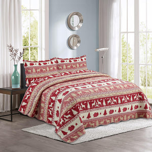 Decorkart Rich Printed Embossed Pinsonic Coverlet Bedspread Ultra Soft Home Bedding 3 Piece Summer Christmas Quilt Set with 2 Quilted Shams, Cabin Red Goat Pattern