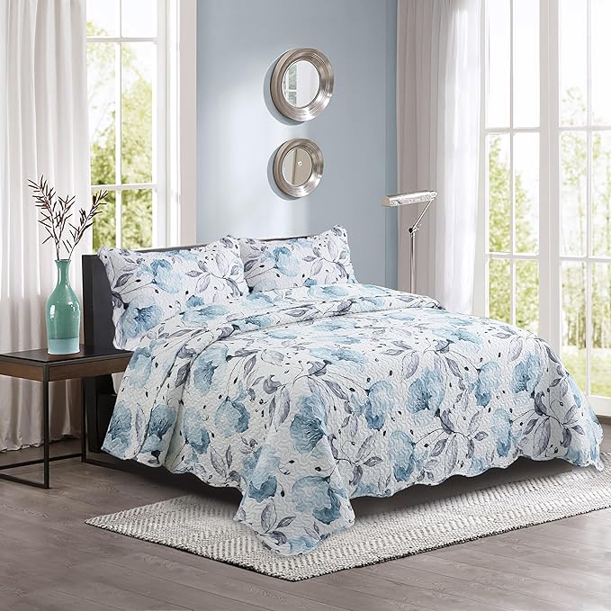 Decorkart Rich Printed Embossed Pinsonic Coverlet Bedspread Ultra Soft Home Bedding 3 Piece Summer Quilt Set with 2 Embossed Shams, Blue Floral Pattern