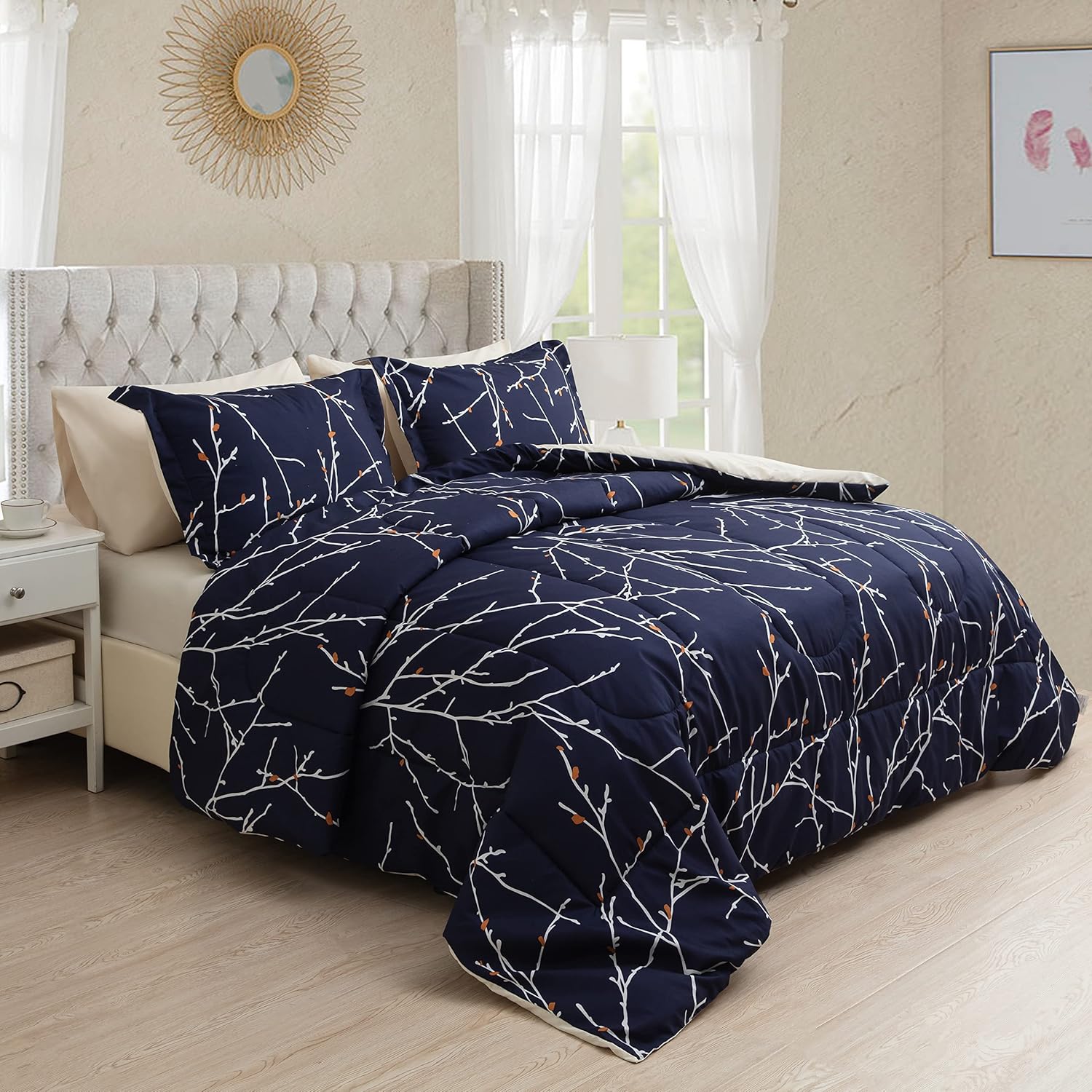 Decorkart Ultra Soft Luxury Fluffy Goose Down Alternative Bed in a Bag Rich Printed 5 Piece Comforter Set Includes 3 Piece Sheet Set, Modern Navy Blue Branches Pattern