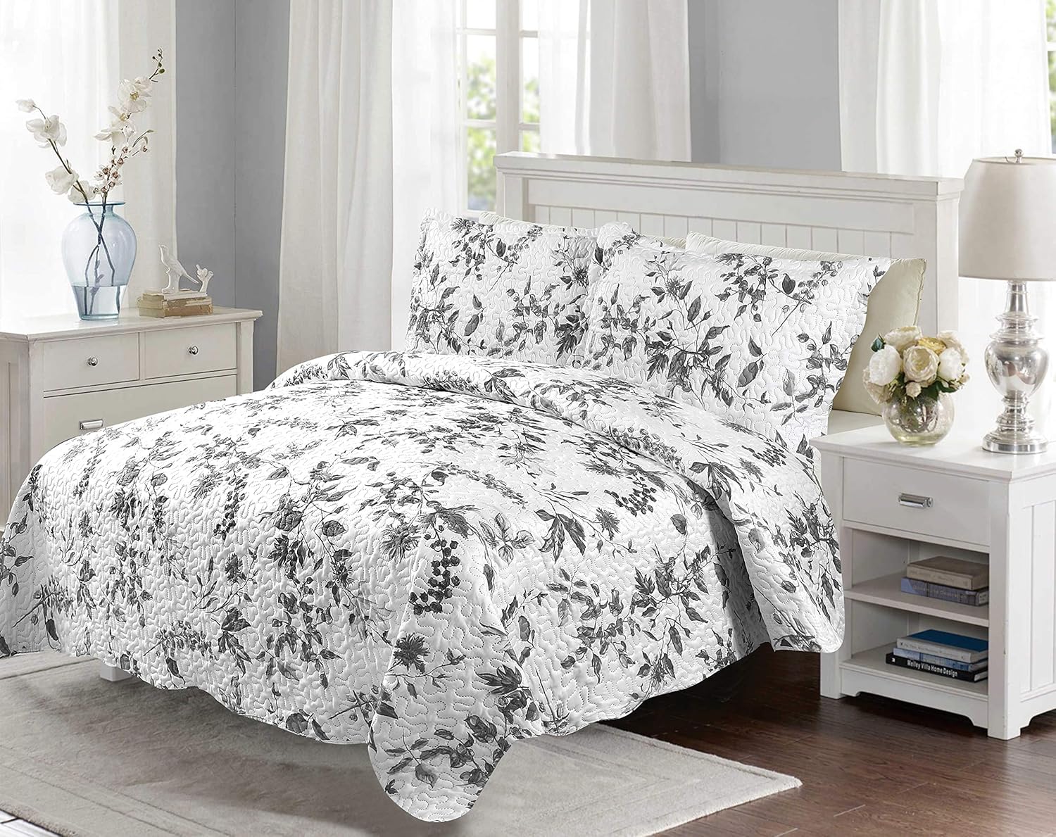 Decorkart Rich Printed Embossed Pinsonic Coverlet Bedspread Ultra Soft 3 Piece Summer Quilt Set with 2 Quilted Shams, Grey Chrysanthemum Floral Branches Pattern