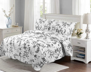 Decorkart Rich Printed Embossed Pinsonic Coverlet Bedspread Ultra Soft 3 Piece Summer Quilt Set with 2 Quilted Shams, Grey Chrysanthemum Floral Branches Pattern