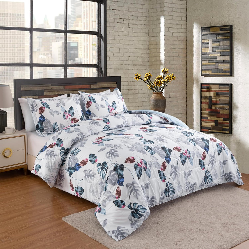 Decorkart Home Decor Ultra Soft Luxury Fluffy Goose Down Alternative Bedding Printed 3 Piece Comforter Set, Modern Green Leaves Pattern