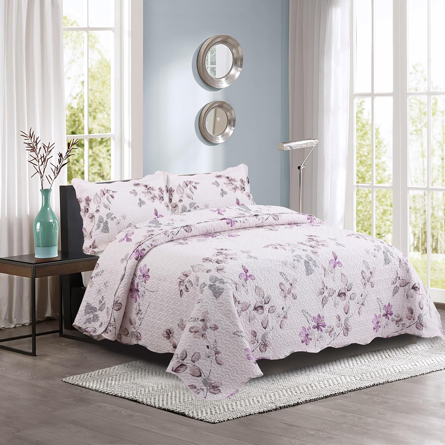 Decorkart Rich Printed Embossed Pinsonic Coverlet Bedspread Ultra Soft Home Bedding 3 Piece Summer Quilt Set with 2 Embossed Shams, Purple Leaves Pink Pattern