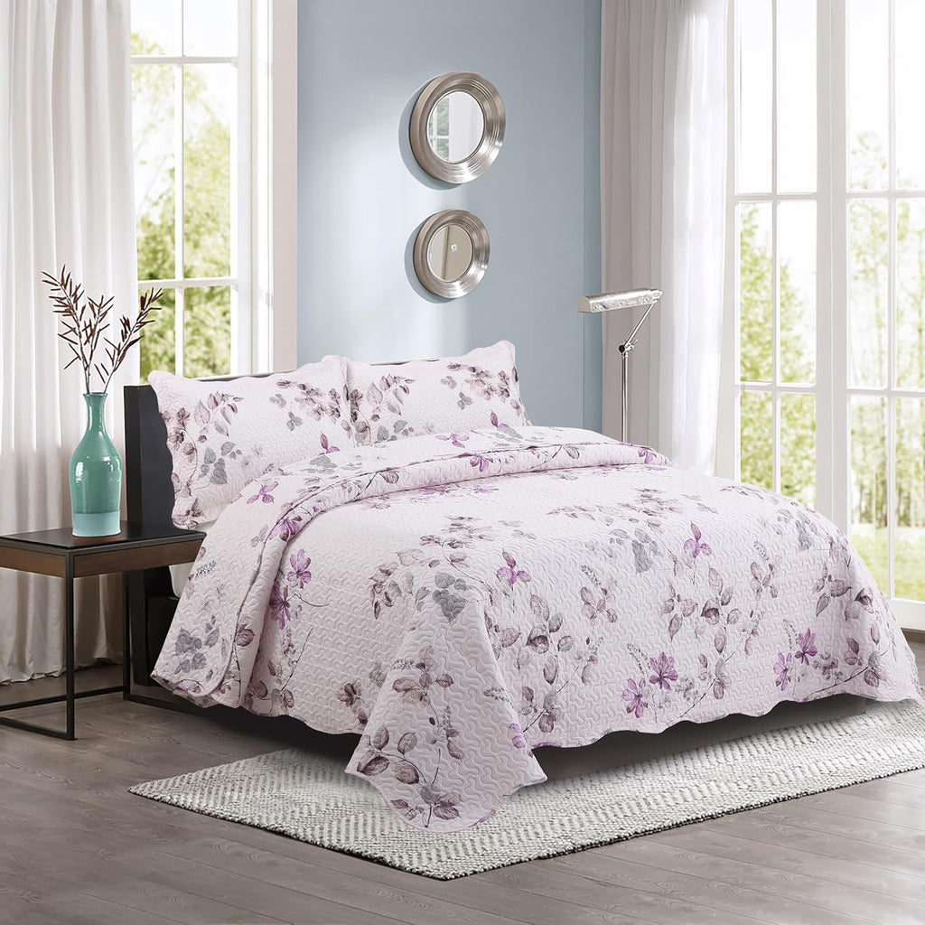 Decorkart Rich Printed Embossed Pinsonic Coverlet Bedspread Ultra Soft Home Bedding 3 Piece Summer Quilt Set with 2 Embossed Shams, Purple Leaves Pink Pattern