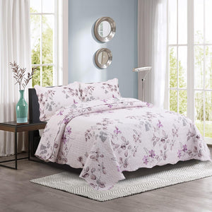 Decorkart Rich Printed Embossed Pinsonic Coverlet Bedspread Ultra Soft Home Bedding 3 Piece Summer Quilt Set with 2 Embossed Shams, Purple Leaves Pink Pattern