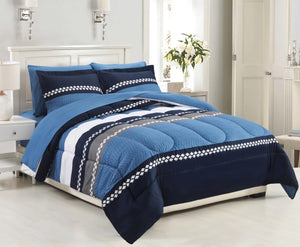Decorkart Ultra Soft Luxury Fluffy Goose Down Alternative Bed in a Bag Bedding Printed 7 Piece Comforter Set Includes 4 Piece Sheet Set, Navy Blue Geometric Stripes Pattern
