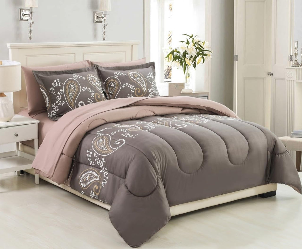 Decorkart Ultra Soft Luxury Fluffy Goose Down Alternative Bed in a Bag Bedding Printed 7 Piece Comforter Set Includes 4 Piece Sheet Set, Taupe Floral Paisley Pattern