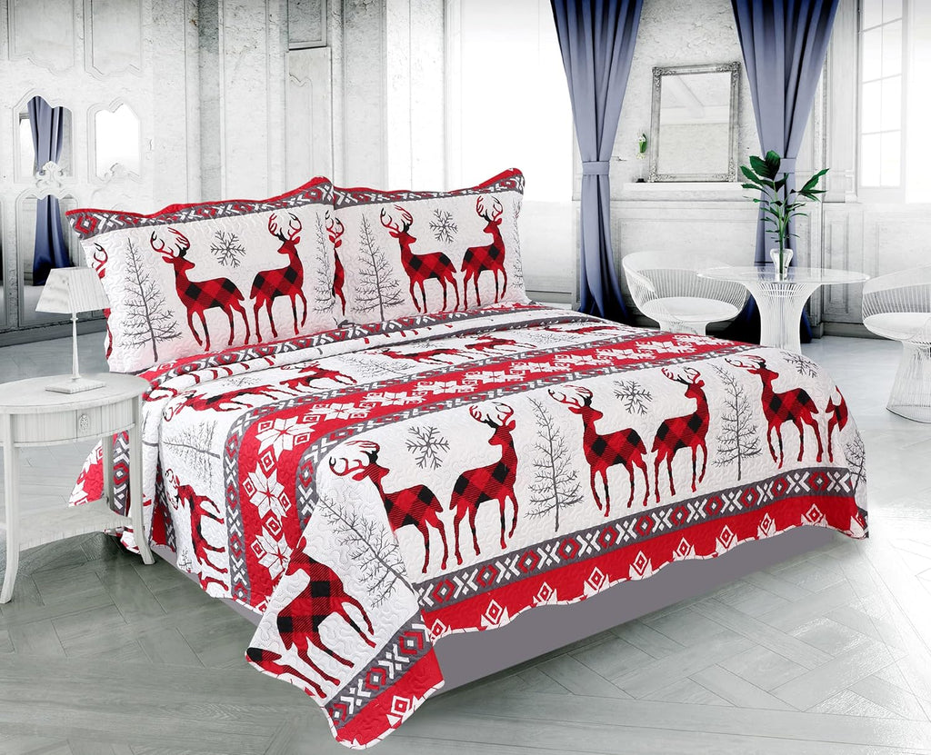 Decorkart Rich Printed Embossed Pinsonic Coverlet Bedspread Ultra Soft 3 Piece Summer Christmas Quilt Set with 2 Quilted Shams, Xmas Snowflake and Deer Pattern