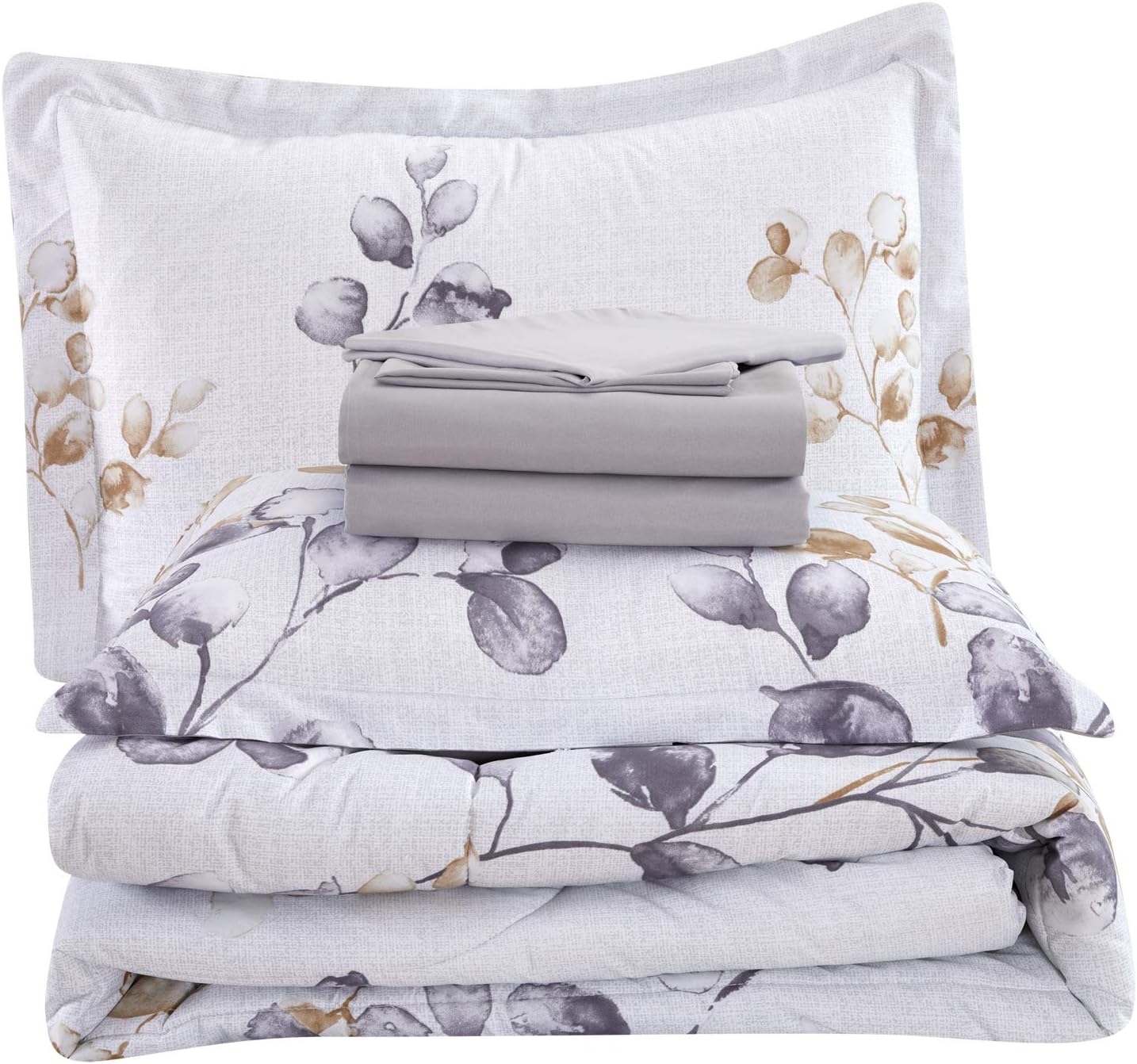 Decorkart Ultra Soft Luxury Fluffy Goose Down Alternative Bed in a Bag Rich Printed 7 Piece Comforter Set Includes 4 Piece Sheet Set, Simplify Modern Leaves Pattern
