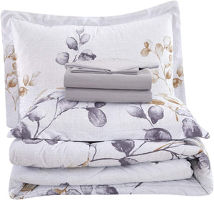 Decorkart Ultra Soft Luxury Fluffy Goose Down Alternative Bed in a Bag Rich Printed 7 Piece Comforter Set Includes 4 Piece Sheet Set, Simplify Modern Leaves Pattern