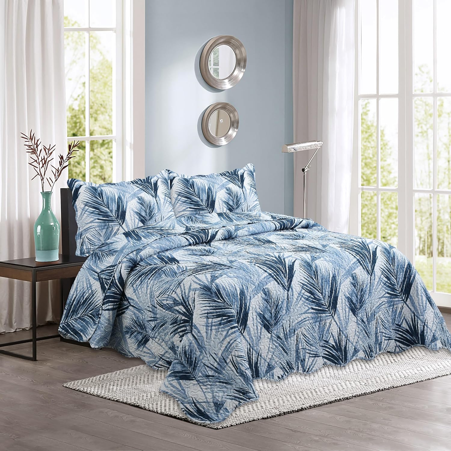 Decorkart Rich Printed Embossed Pinsonic Coverlet Bedspread Ultra Soft 3 Piece Summer Quilt Set with 2 Quilted Shams, Modern Blue Leaves Pattern