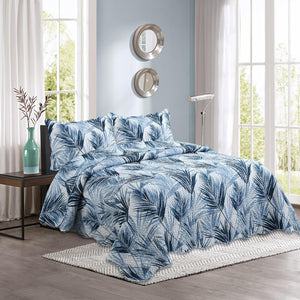 Decorkart Rich Printed Embossed Pinsonic Coverlet Bedspread Ultra Soft 3 Piece Summer Quilt Set with 2 Quilted Shams, Modern Blue Leaves Pattern