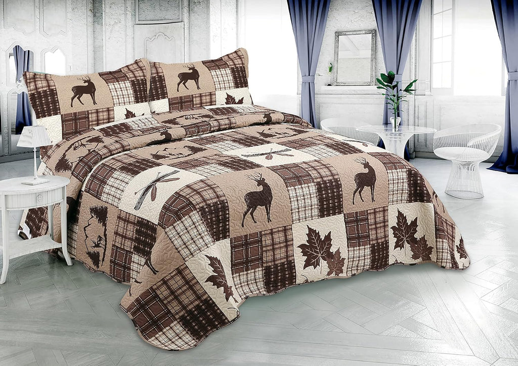 Decorkart Rich Printed Embossed Pinsonic Coverlet Bedspread Ultra Soft 2 Piece Summer Quilt Set with 1 Quilted Sham, Brown Cabin Maple Deer Plaid Pattern