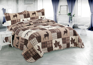 Decorkart Rich Printed Embossed Pinsonic Coverlet Bedspread Ultra Soft 2 Piece Summer Quilt Set with 1 Quilted Sham, Brown Cabin Maple Deer Plaid Pattern