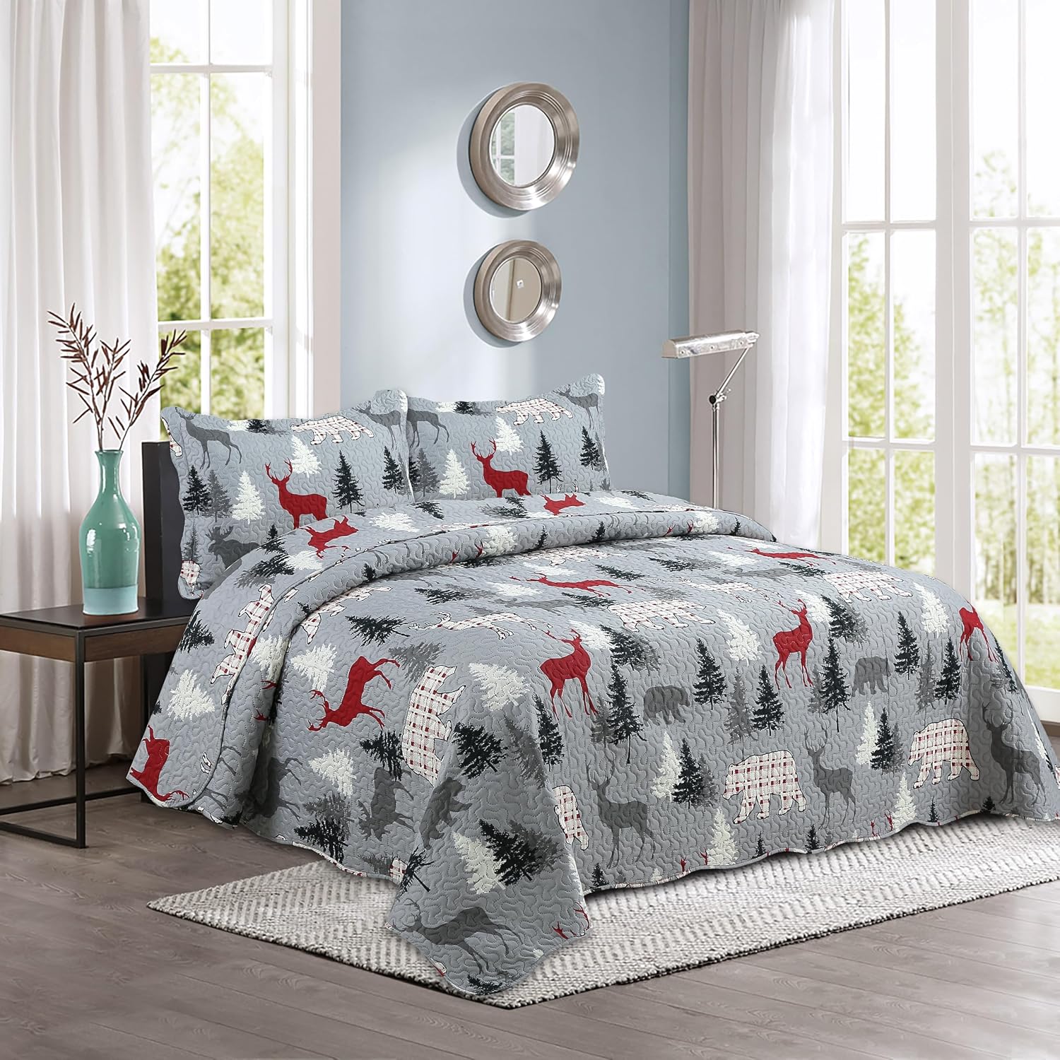 Decorkart Rich Printed Embossed Pinsonic Coverlet Bedspread Ultra Soft Home Bedding 3 Piece Summer Christmas Quilt Set with 2 Quilted Shams, Cabin Reindeer Moose Bear Pattern