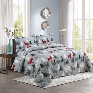 Decorkart Rich Printed Embossed Pinsonic Coverlet Bedspread Ultra Soft Home Bedding 3 Piece Summer Christmas Quilt Set with 2 Quilted Shams, Cabin Reindeer Moose Bear Pattern