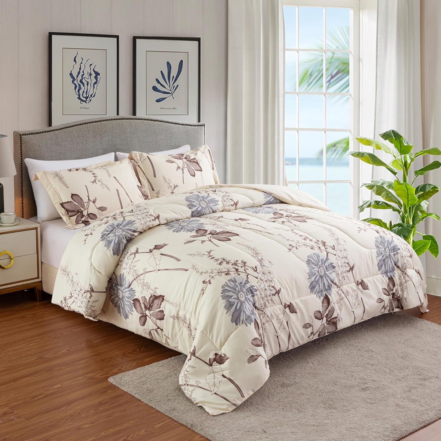 Decorkart Home Decor Ultra Soft Luxury Fluffy Goose Down Alternative Bedding Printed 3 Piece Comforter Set, Blue Chrysanthemum Floral Cream Base Pattern