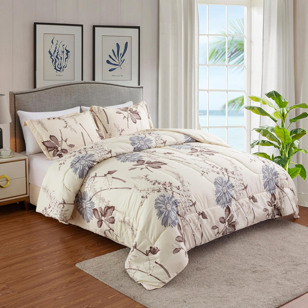 Decorkart Home Decor Ultra Soft Luxury Fluffy Goose Down Alternative Bedding Printed 3 Piece Comforter Set, Blue Chrysanthemum Floral Cream Base Pattern