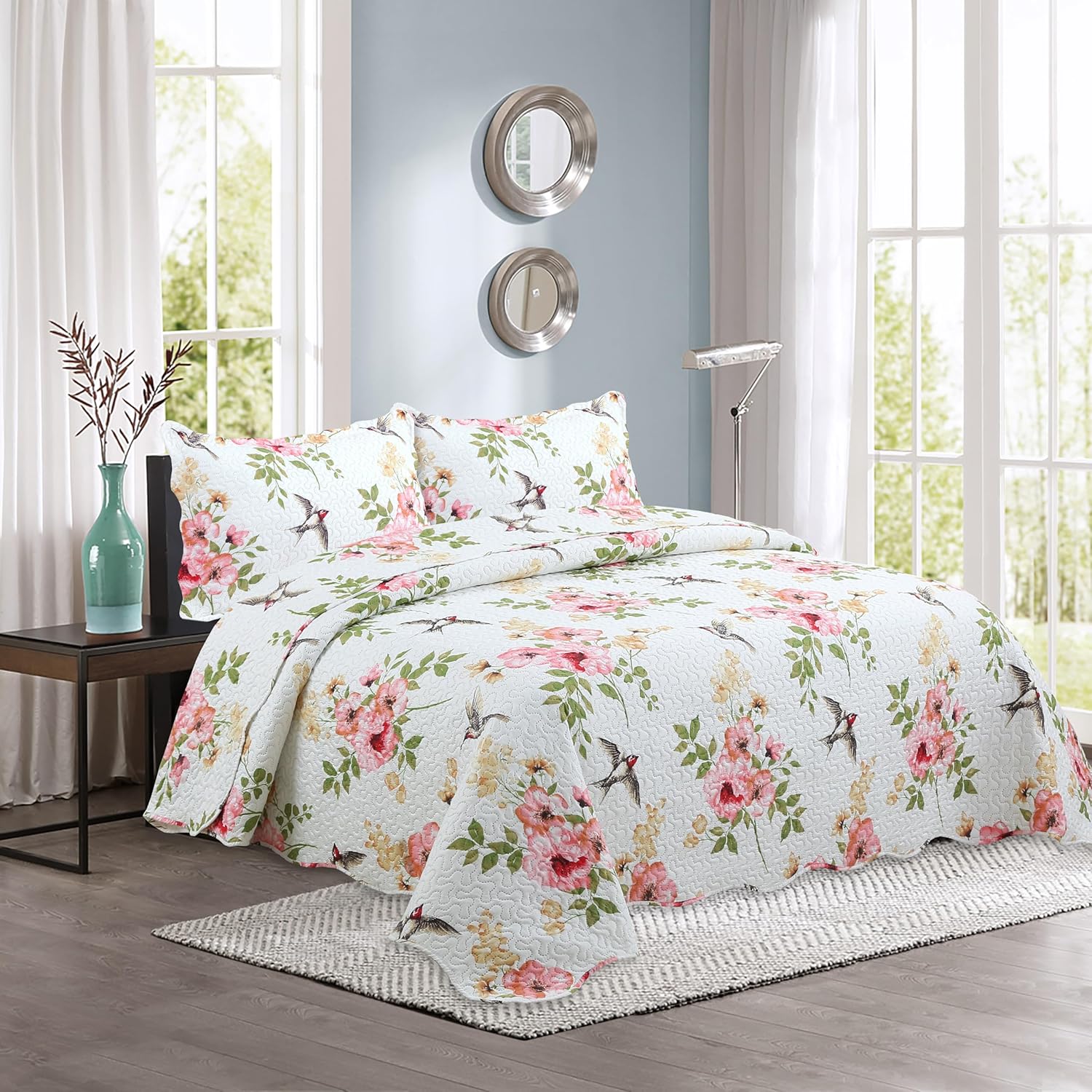 Decorkart Rich Printed Embossed Pinsonic Coverlet Bedspread Ultra Soft 3 Piece Summer Quilt Set with 2 Quilted Shams, Pink Floral and Birds Pattern