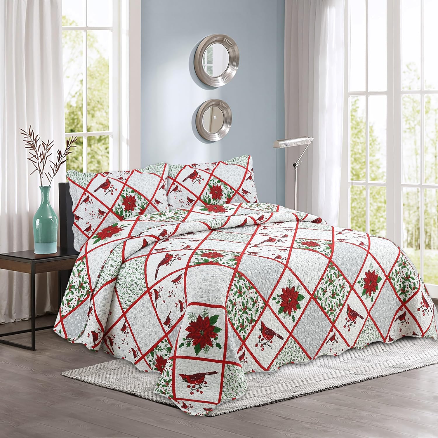 Decorkart Printed Embossed Pinsonic Coverlet Bedspread Ultra Soft Home Bedding 2 Piece Summer Christmas Quilt Set with 1 Quilted Sham, Xmas Red Cardinal Poinsettia Pattern