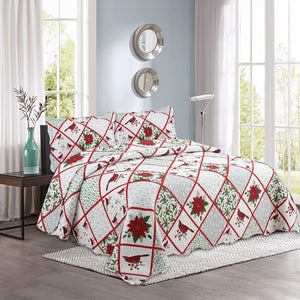 Decorkart Printed Embossed Pinsonic Coverlet Bedspread Ultra Soft Home Bedding 2 Piece Summer Christmas Quilt Set with 1 Quilted Sham, Xmas Red Cardinal Poinsettia Pattern