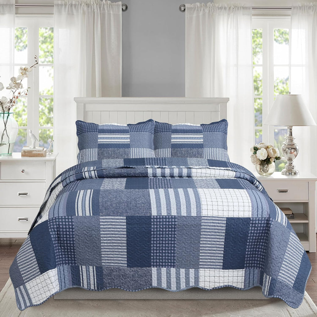 Decorkart Rich Printed Embossed Pinsonic Coverlet Bedspread Ultra Soft Home Bedding 3 Piece Summer Quilt Set with 2 Embossed Shams, Navy White Plaid Pattern