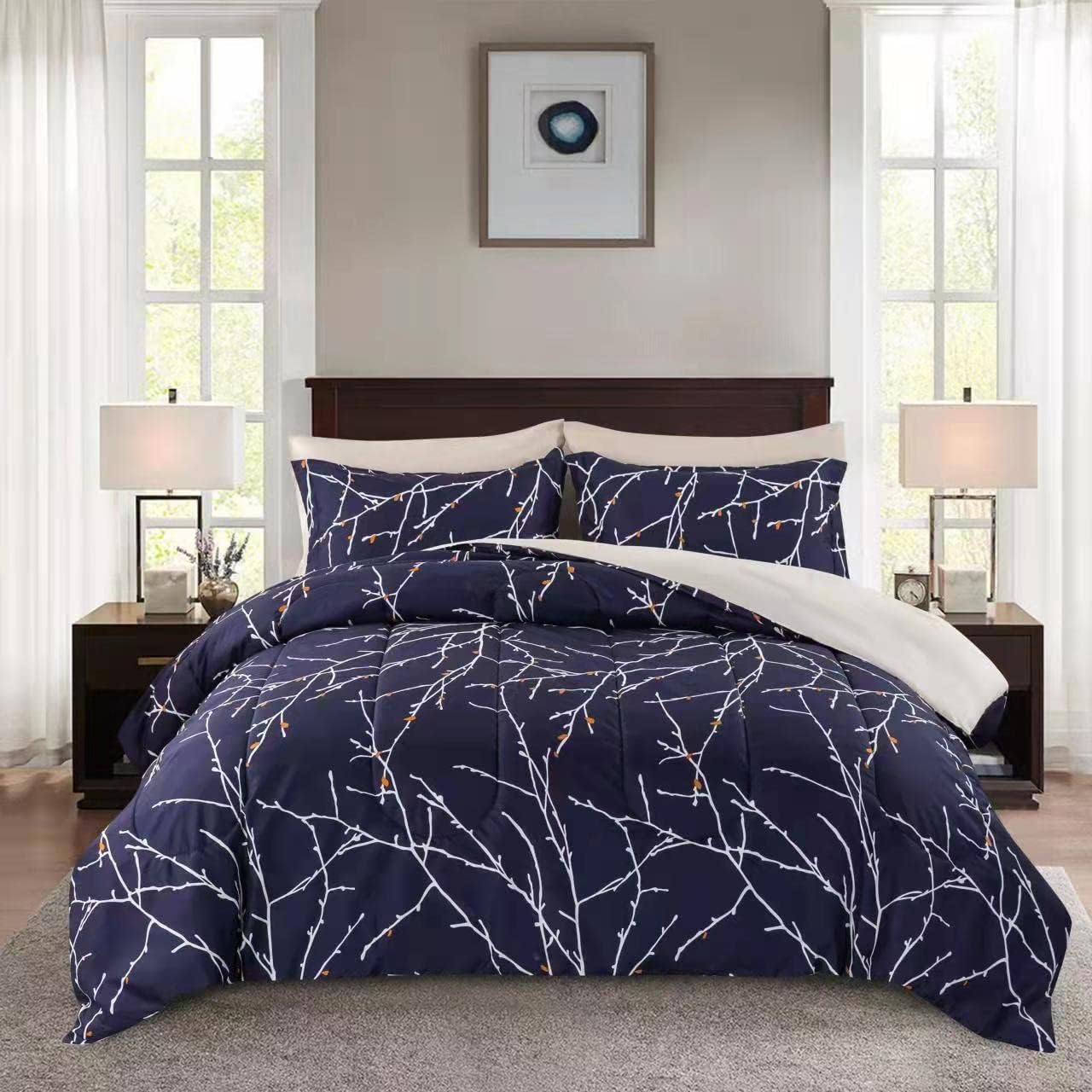 Decorkart Ultra Soft Luxury Fluffy Goose Down Alternative Bed in a Bag Rich Printed 5 Piece Comforter Set Includes 3 Piece Sheet Set, Modern Navy Blue Branches Pattern