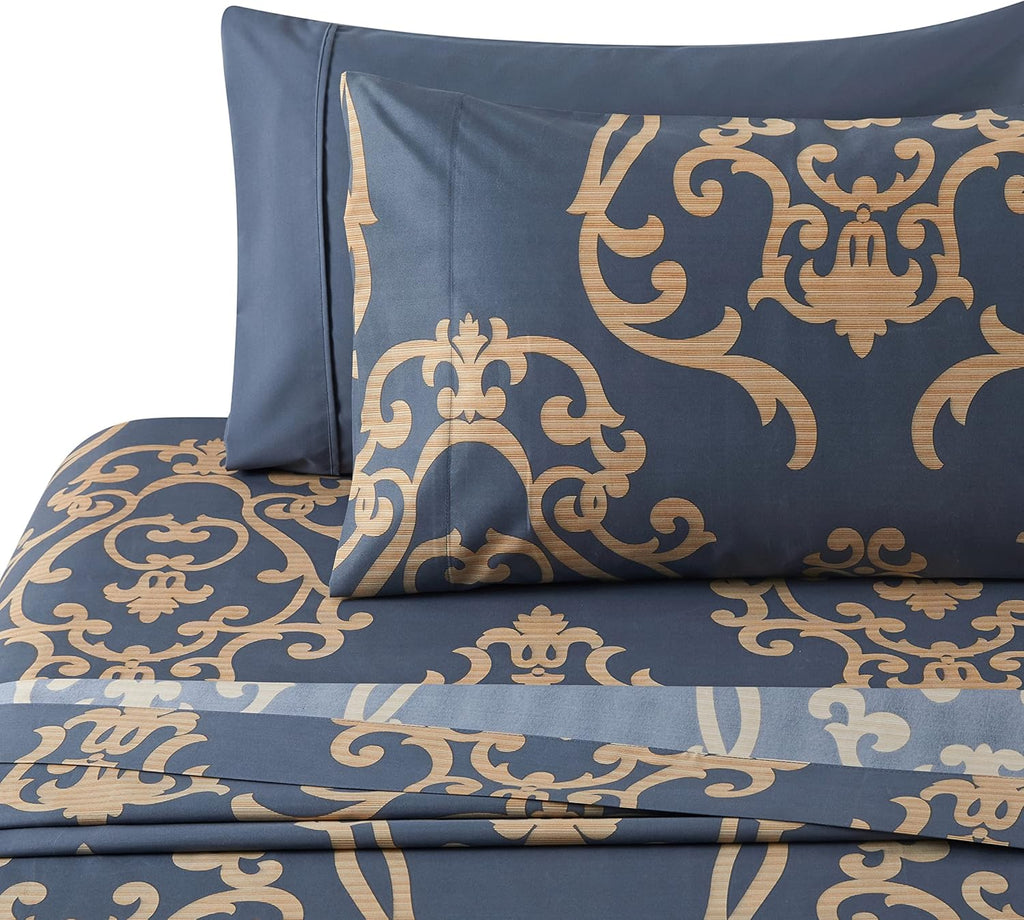 Decorkart Ultra Soft Silky Deep Pocket Rich Printed Bedding Rayon from Bamboo All Season 6 Pieces Sheet Set with 4 Pillowcases, Gold Damask Navy Blue Pattern