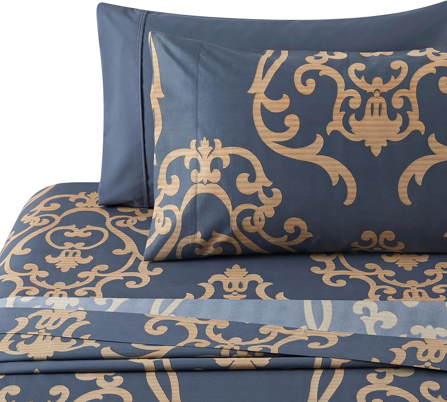 Decorkart Ultra Soft Silky Deep Pocket Rich Printed Bedding Rayon from Bamboo All Season 6 Pieces Sheet Set with 4 Pillowcases, Gold Damask Navy Blue Pattern
