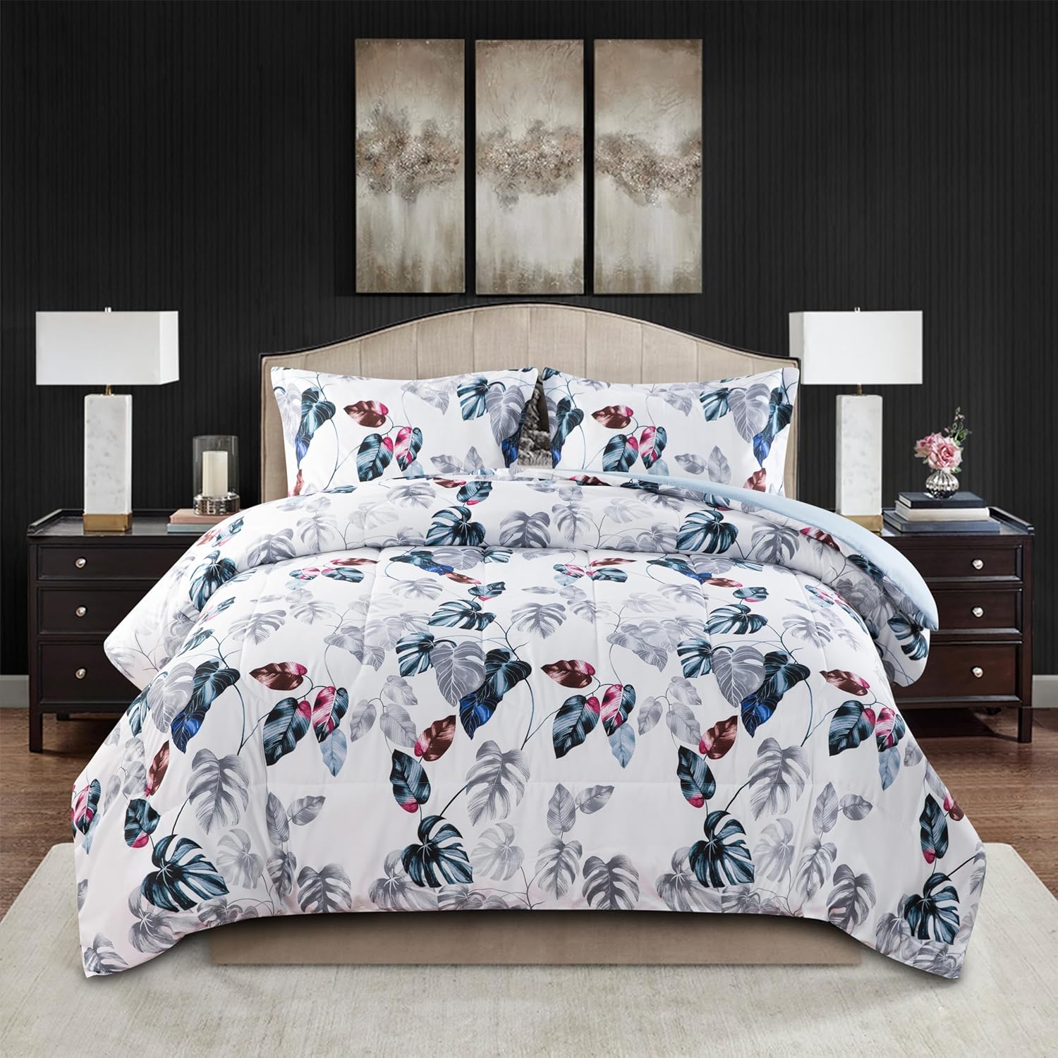 Decorkart Home Decor Ultra Soft Luxury Fluffy Goose Down Alternative Bedding Printed 3 Piece Comforter Set, Modern Green Leaves Pattern