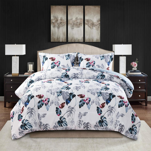 Decorkart Home Decor Ultra Soft Luxury Fluffy Goose Down Alternative Bedding Printed 3 Piece Comforter Set, Modern Green Leaves Pattern