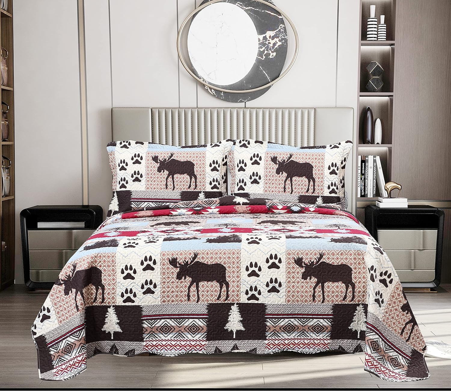 Decorkart Rich Printed Embossed Pinsonic Coverlet Bedspread Ultra Soft 3 Piece Summer Quilt Set with 2 Quilted Shams, Cabin Moose Bear Pattern