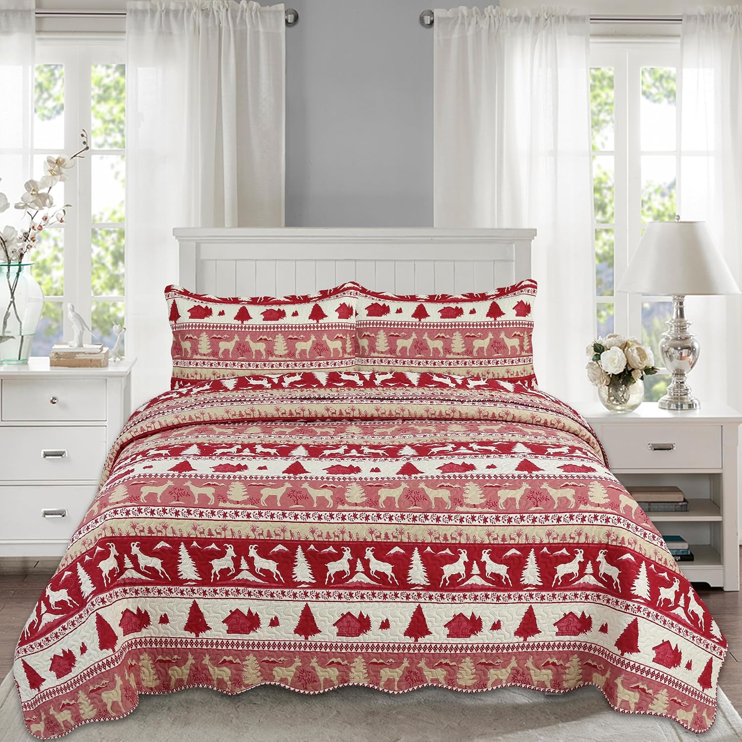 Decorkart Rich Printed Embossed Pinsonic Coverlet Bedspread Ultra Soft Home Bedding 3 Piece Summer Christmas Quilt Set with 2 Quilted Shams, Cabin Red Goat Pattern