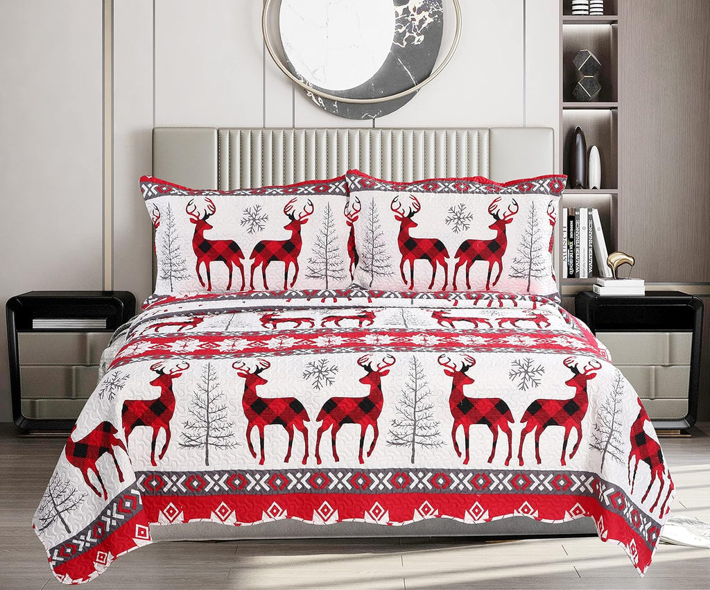 Decorkart Rich Printed Embossed Pinsonic Coverlet Bedspread Ultra Soft 3 Piece Summer Christmas Quilt Set with 2 Quilted Shams, Xmas Snowflake and Deer Pattern