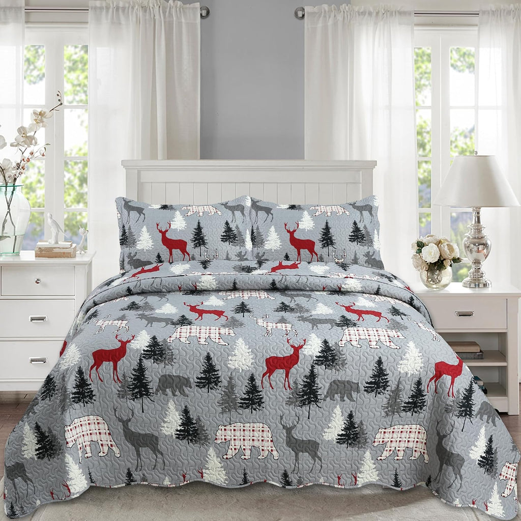 Decorkart Rich Printed Embossed Pinsonic Coverlet Bedspread Ultra Soft Home Bedding 3 Piece Summer Christmas Quilt Set with 2 Quilted Shams, Cabin Reindeer Moose Bear Pattern