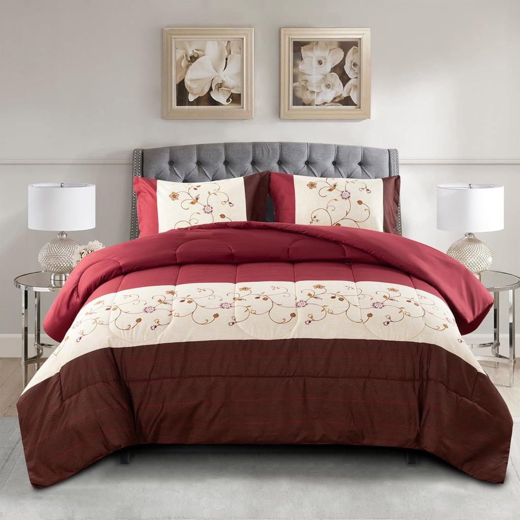 Decorkart Home Decor Ultra Soft Luxury Fluffy Goose Down Alternative Bedding Printed 3 Piece Comforter Set, Modern Burgundy Cosmos Floral Pattern