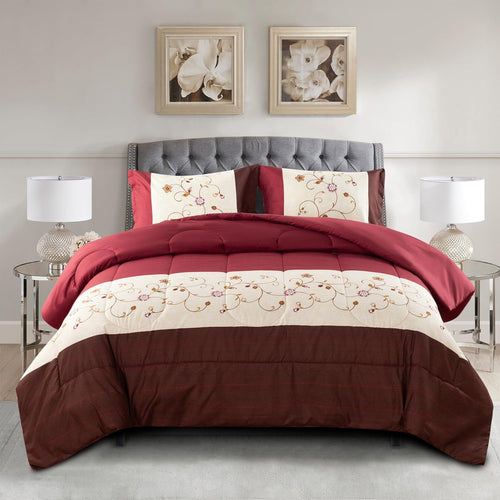 Decorkart Home Decor Ultra Soft Luxury Fluffy Goose Down Alternative Bedding Printed 3 Piece Comforter Set, Modern Burgundy Cosmos Floral Pattern