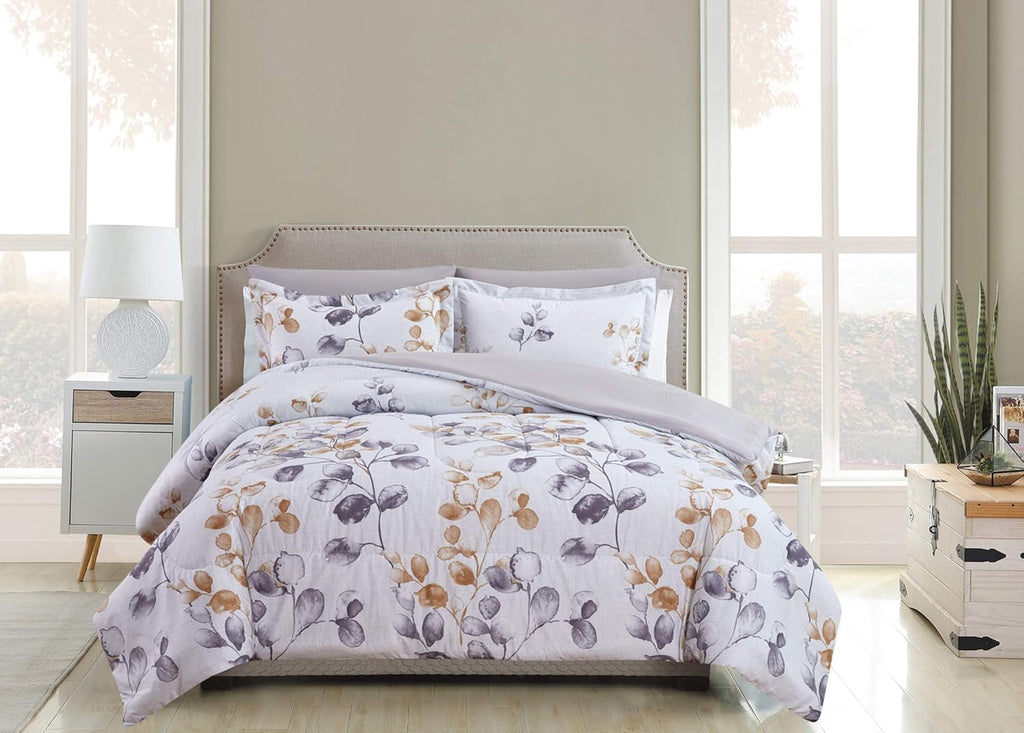 Decorkart Ultra Soft Luxury Fluffy Goose Down Alternative Bed in a Bag Rich Printed 7 Piece Comforter Set Includes 4 Piece Sheet Set, Simplify Modern Leaves Pattern