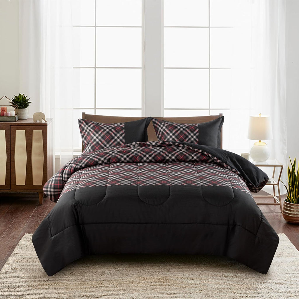 Decorkart Home Decor Ultra Soft Luxury Fluffy Goose Down Alternative Bedding Printed 3 Piece Comforter Set, Modern Black Grey Geometric Plaid Pattern